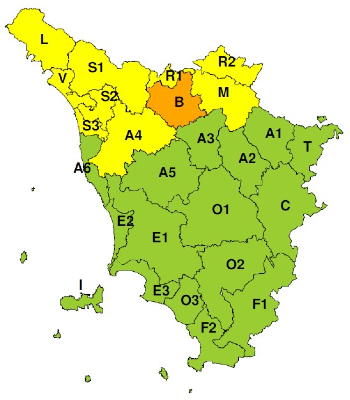 Toscana con zone di rischio - la nostra zona B segnata d'arancione per l'allerta