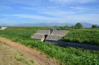 Portella di resa della cassa di espansione, fotografata dall\'argine destro del fiume