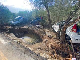 Immagine delle auto trascinate dalla furia dell\'acqua nei campi di ulivo ed ammassate l\'una sull\'altra.