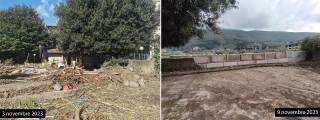 Due foto affiancate dove si vede nella prima l\'effetto dell\'esondazione del Bisenzio al Cavalciotto e l\'area ripristinata con un muro, intervento concluso il 9 novembre.